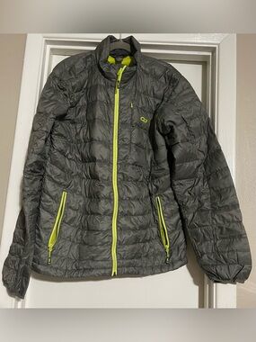 Outdoor Research Transcendent Down Jacket Mens L Gray Neon Goose Puffer **READ**